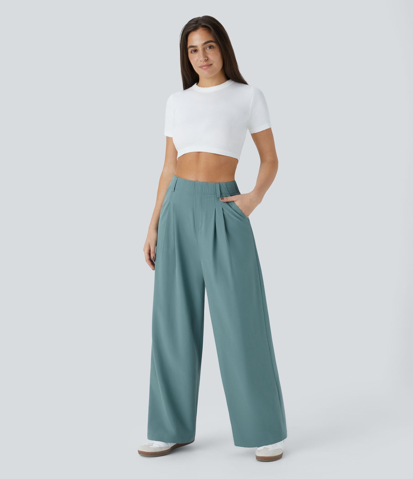 Breezeful™ Pantalon Large Fluide Taille Haute Poches Latérales Palazzo Solide Casual Linen-Feel