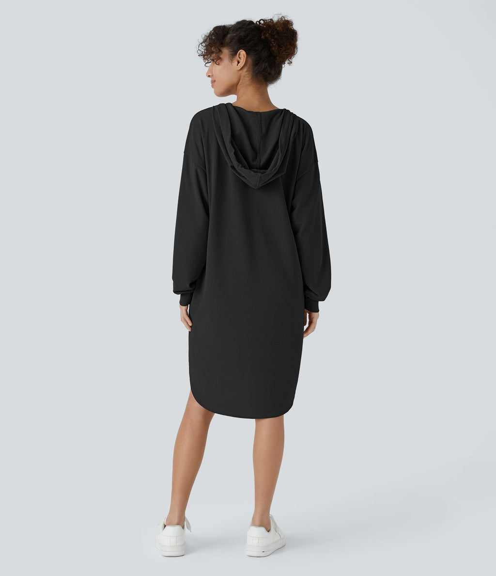 Robe Sweatshirt Casual à Capuche avec Cordon Poches Latérales Ourlet Courbé Asymétrique Oversize Mini en Tissu Gaufré