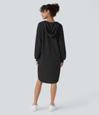 Robe Sweatshirt Casual à Capuche avec Cordon Poches Latérales Ourlet Courbé Asymétrique Oversize Mini en Tissu Gaufré