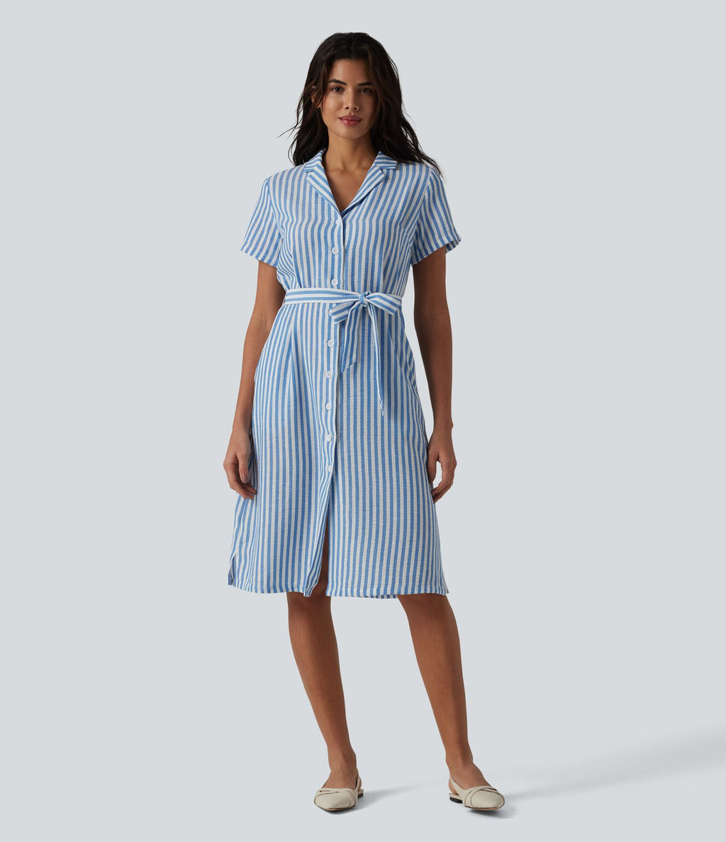 Robe-chemise midi tailleur à manches courtes et col, aspect lin à rayures, ceinturée et avec poches