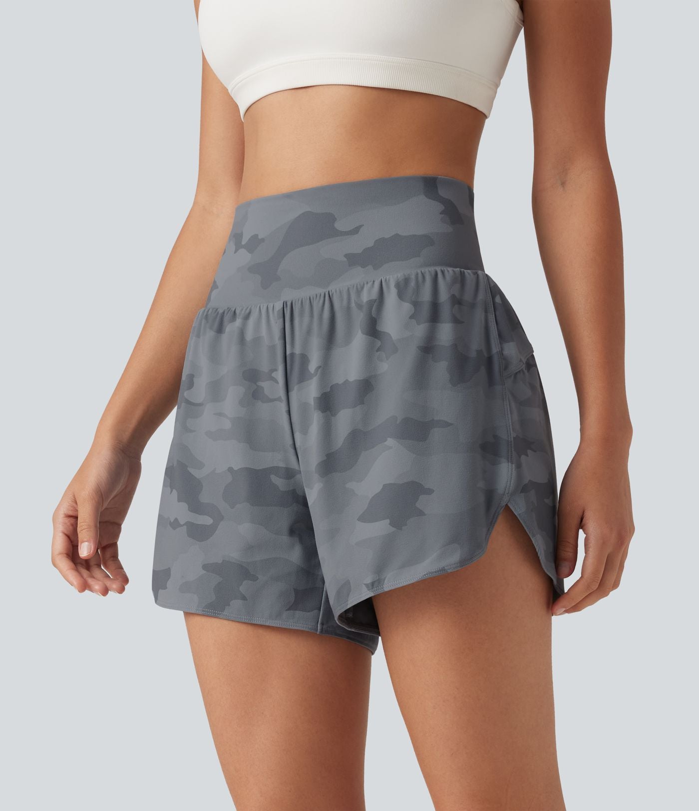 Short de running 2 en 1 Halara UltraSculpt™ gainant imprimé camouflage, taille haute, ourlet incurvé, 10 cm, avec poche