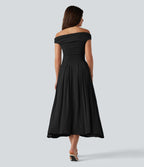 Robe midi casual fluide côtelée gainante à épaules dénudées