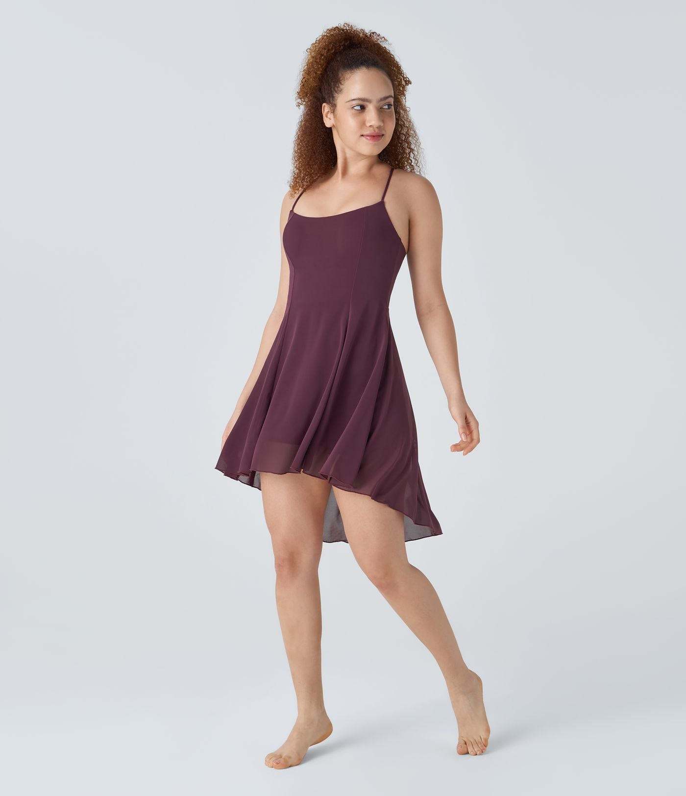 Robe de sport danse mini 2-en-1 laçage asymétrique résille contrastante fluide avec poche A-D