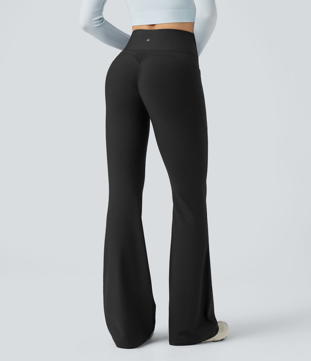 Pantalon de yoga évasé thermique en polaire froncée, taille haute, avec poches