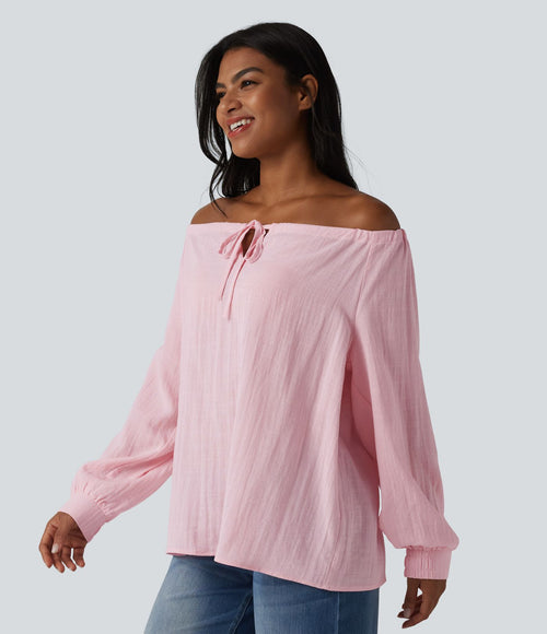 Blouse casual oversize aspect lin à épaules dénudées, lien noué et manches longues