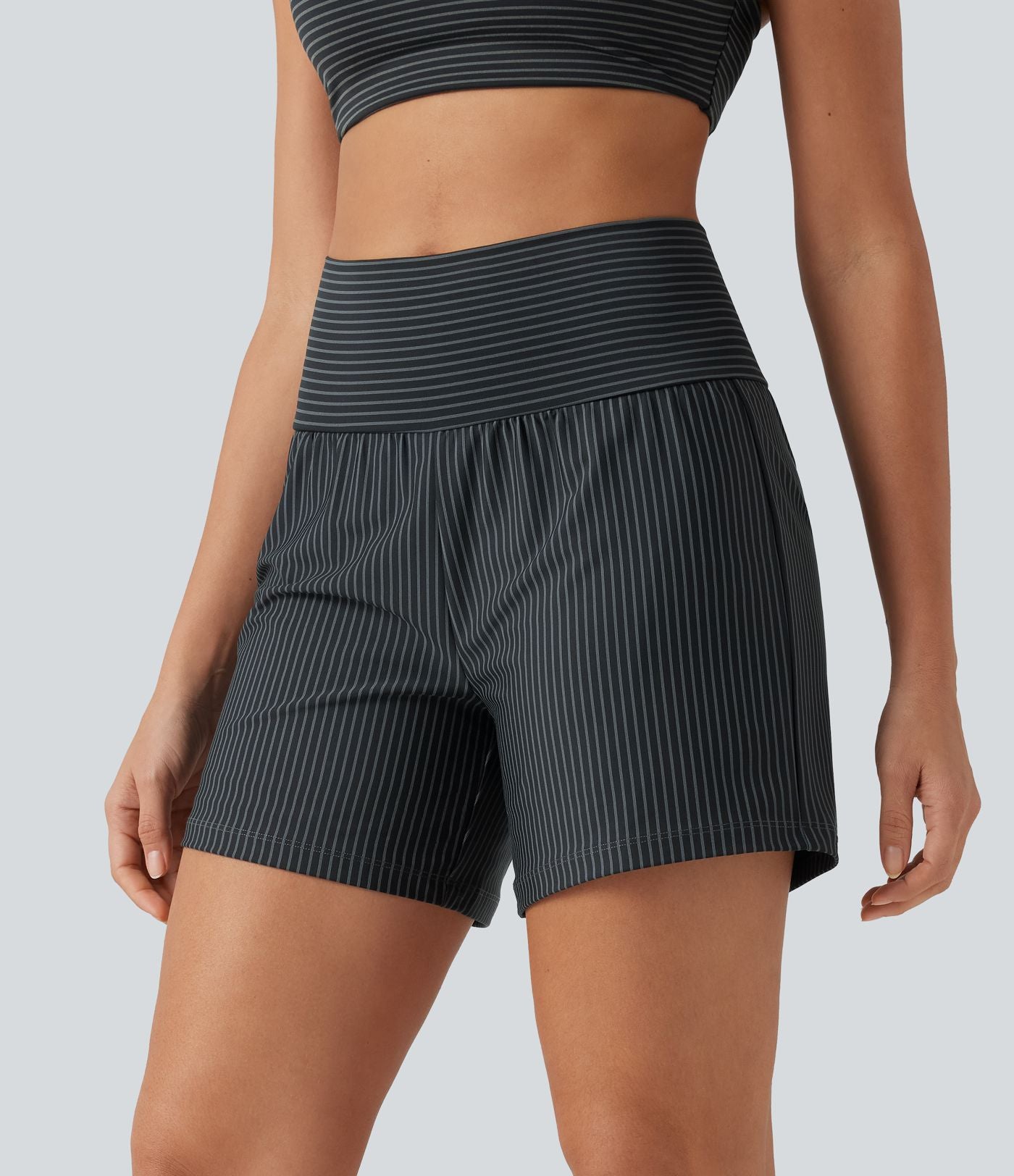 Short de yoga 2-en-1 à rayures, taille très haute, 12,5 cm, à poches