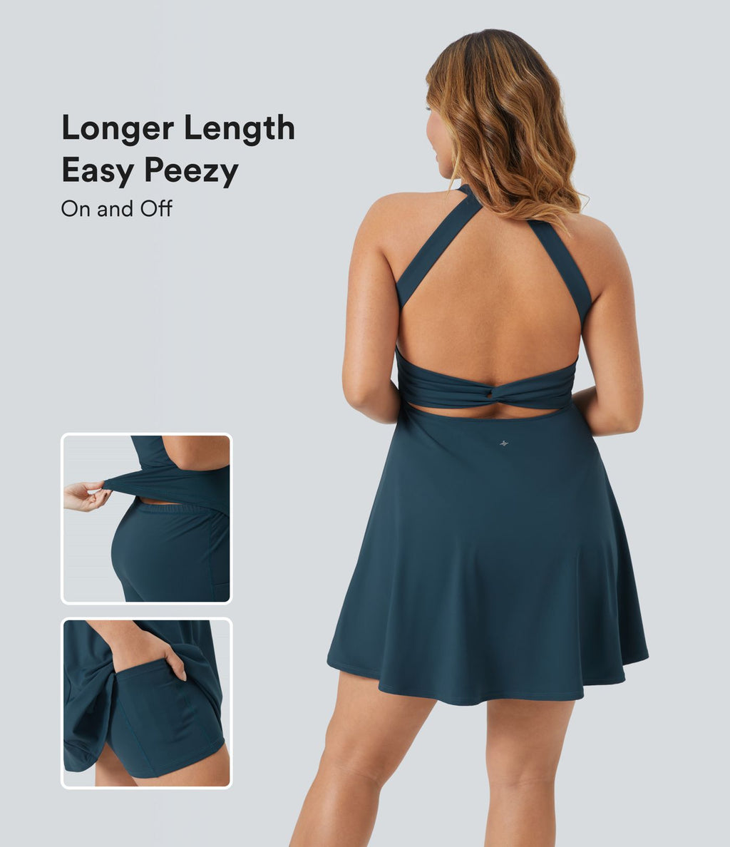 Robe longue de danse évasée à dos ouvert avec torsade grandes tailles et short intégré - Édition Easy Peasy