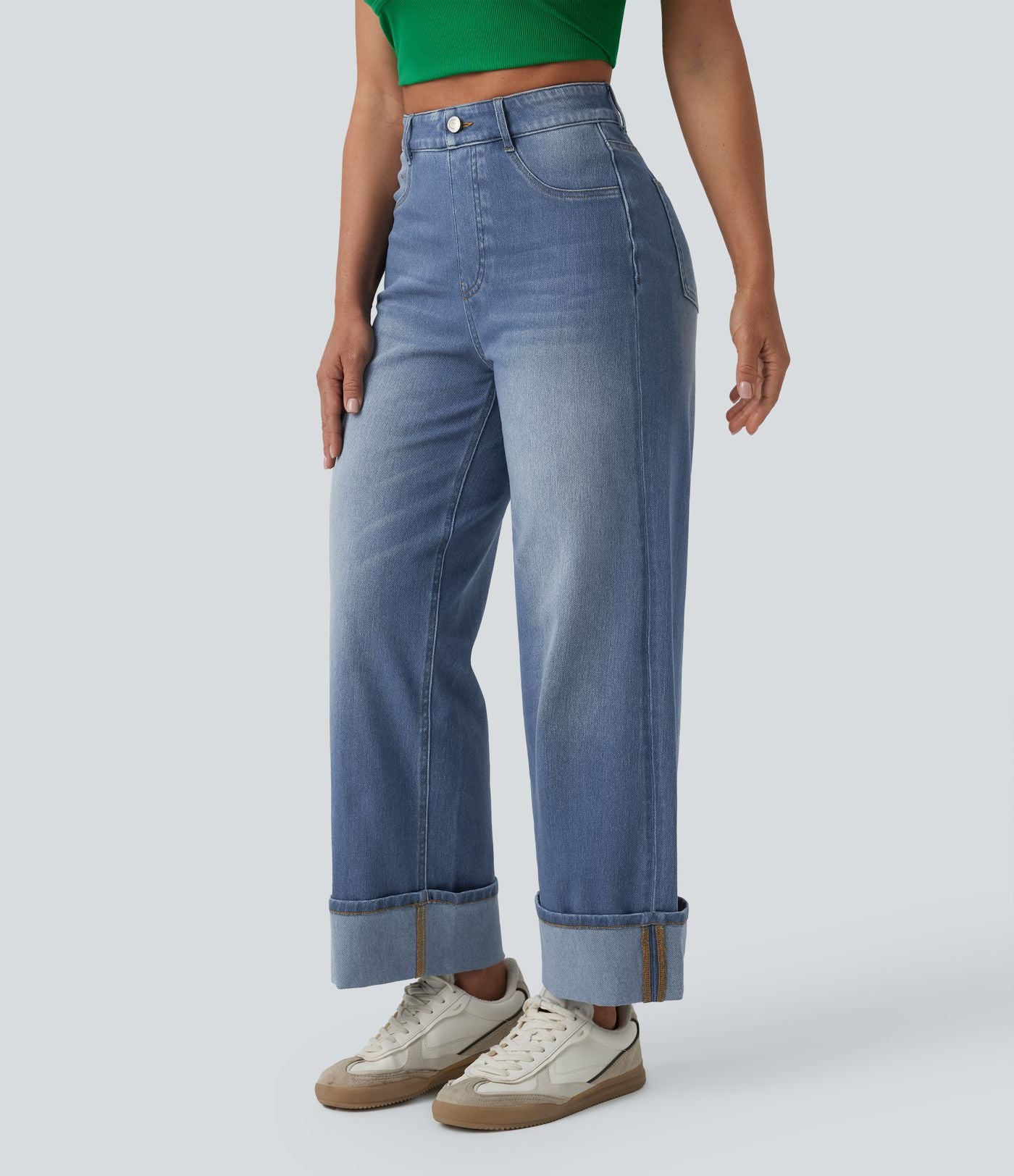 Jean large 7/8 décontracté Halara Flex™ délavé gainant taille haute ourlet roulotté avec poches