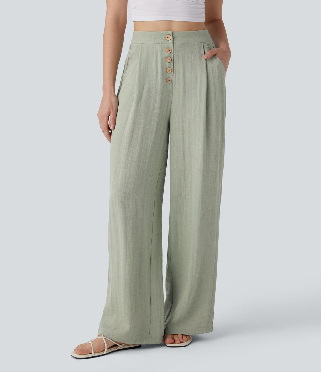 Pantalon large et fluide aspect lin taille haute, boutonné avec poches