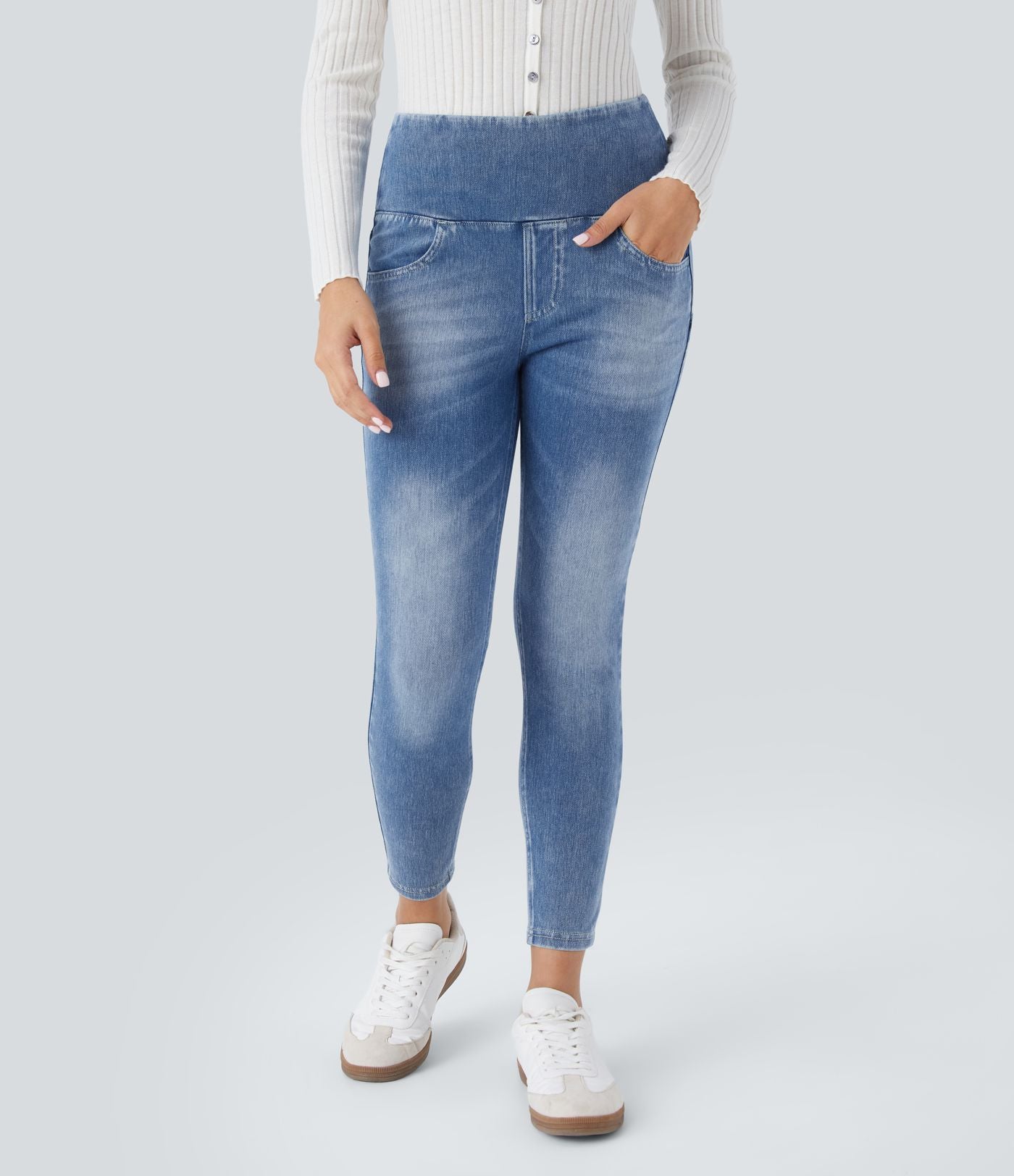 Legging 7/8 décontracté taille haute effet denim avec poches