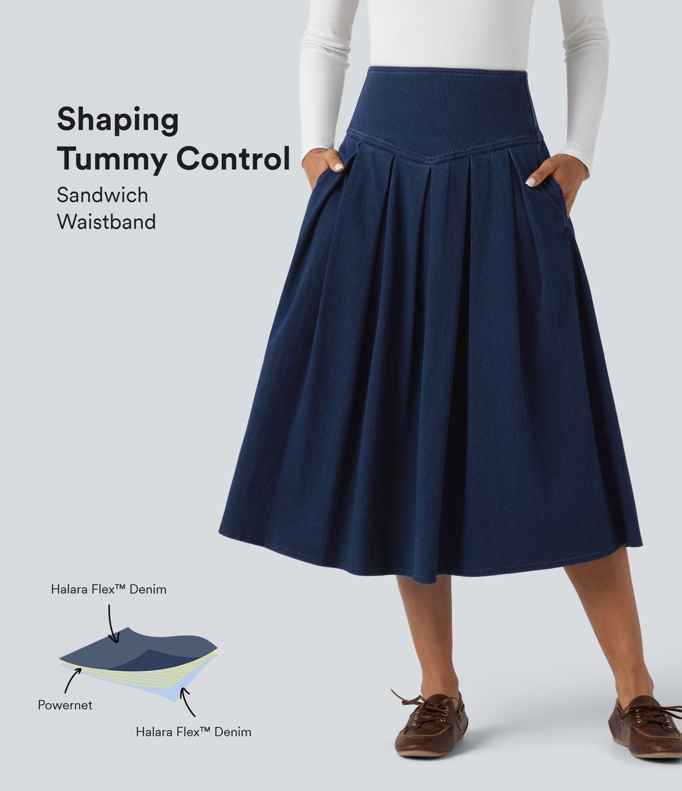 Jupe mi-longue décontractée plissée gainante taille haute effet denim avec poches Halara Flex™