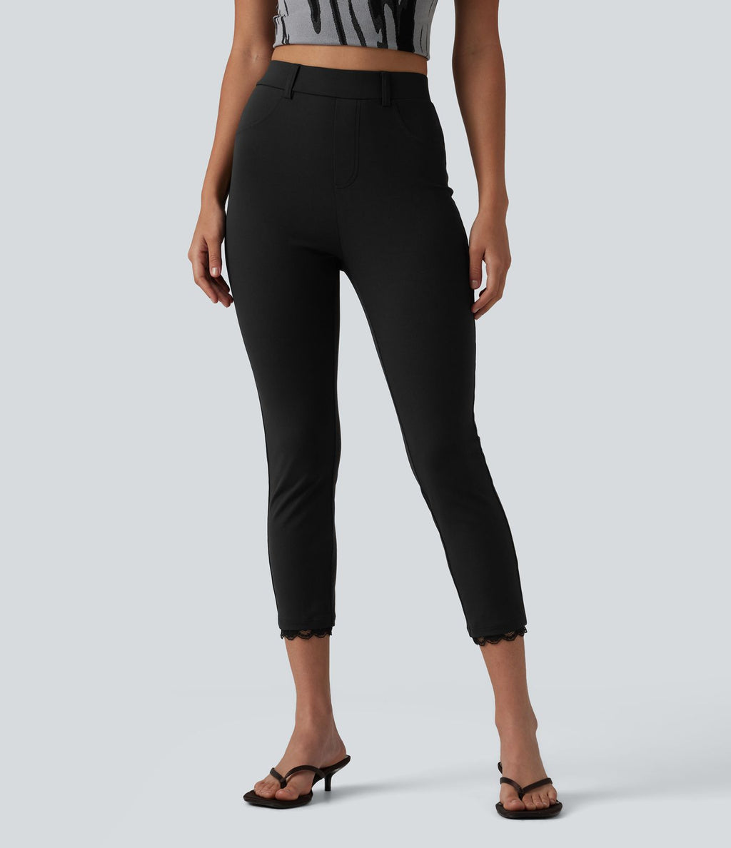 Leggings courts décontractés DayStretch taille haute en dentelle contrastée avec poches