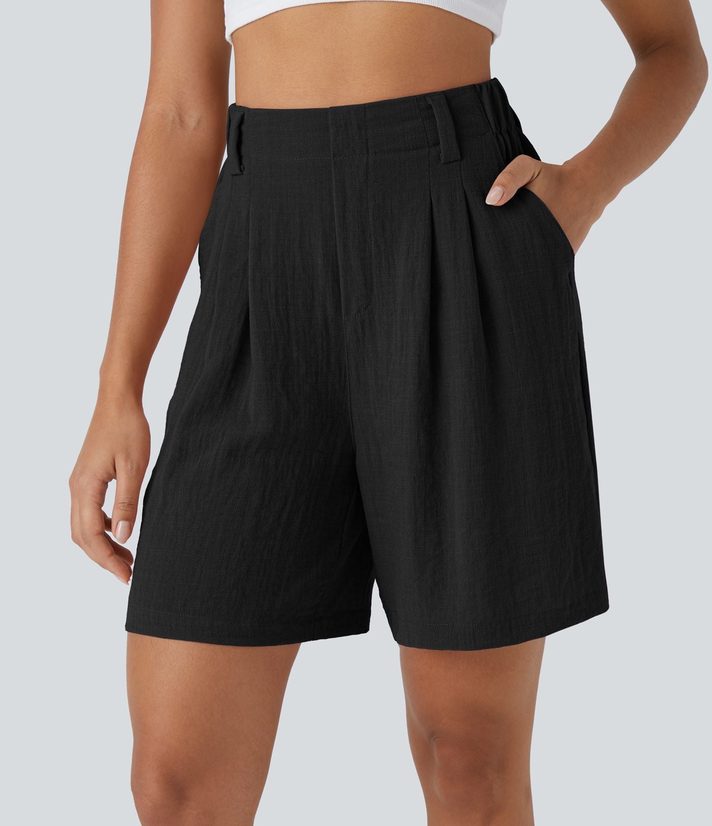 Bermuda Large Fluide Taille Haute avec Plis et Poches Latérales en Lin Synthétique