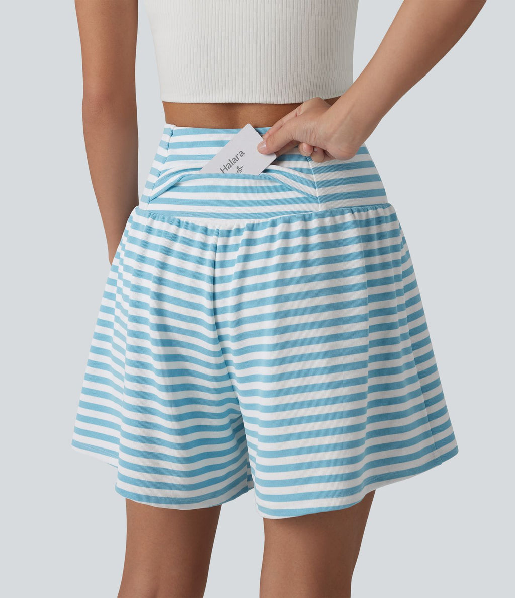 Short casual 2-en-1 à rayures en tissu gaufré taille haute 12,5 cm avec poches