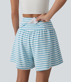 Short casual 2-en-1 à rayures en tissu gaufré taille haute 12,5 cm avec poches