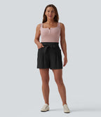 Short décontracté taille haute avec nœud devant aspect lin avec poches