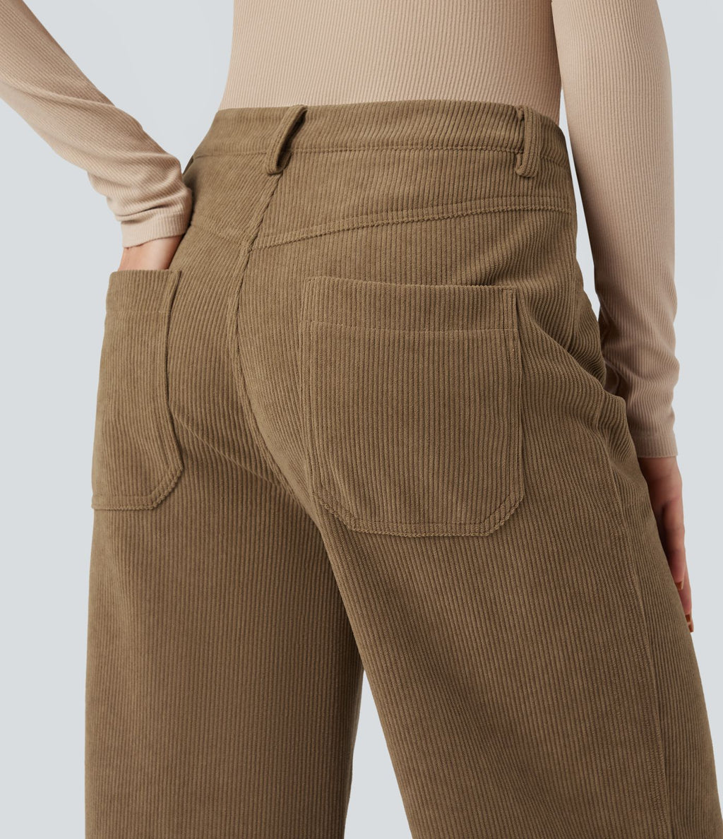Pantalon large décontracté en velours côtelé taille haute avec poches