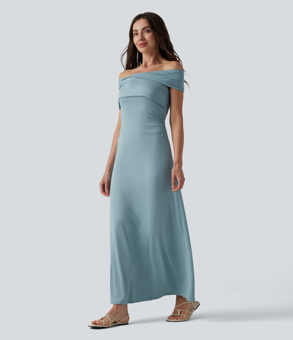 Robe casual maxi froncée à épaules dénudées avec lien noué dans le dos