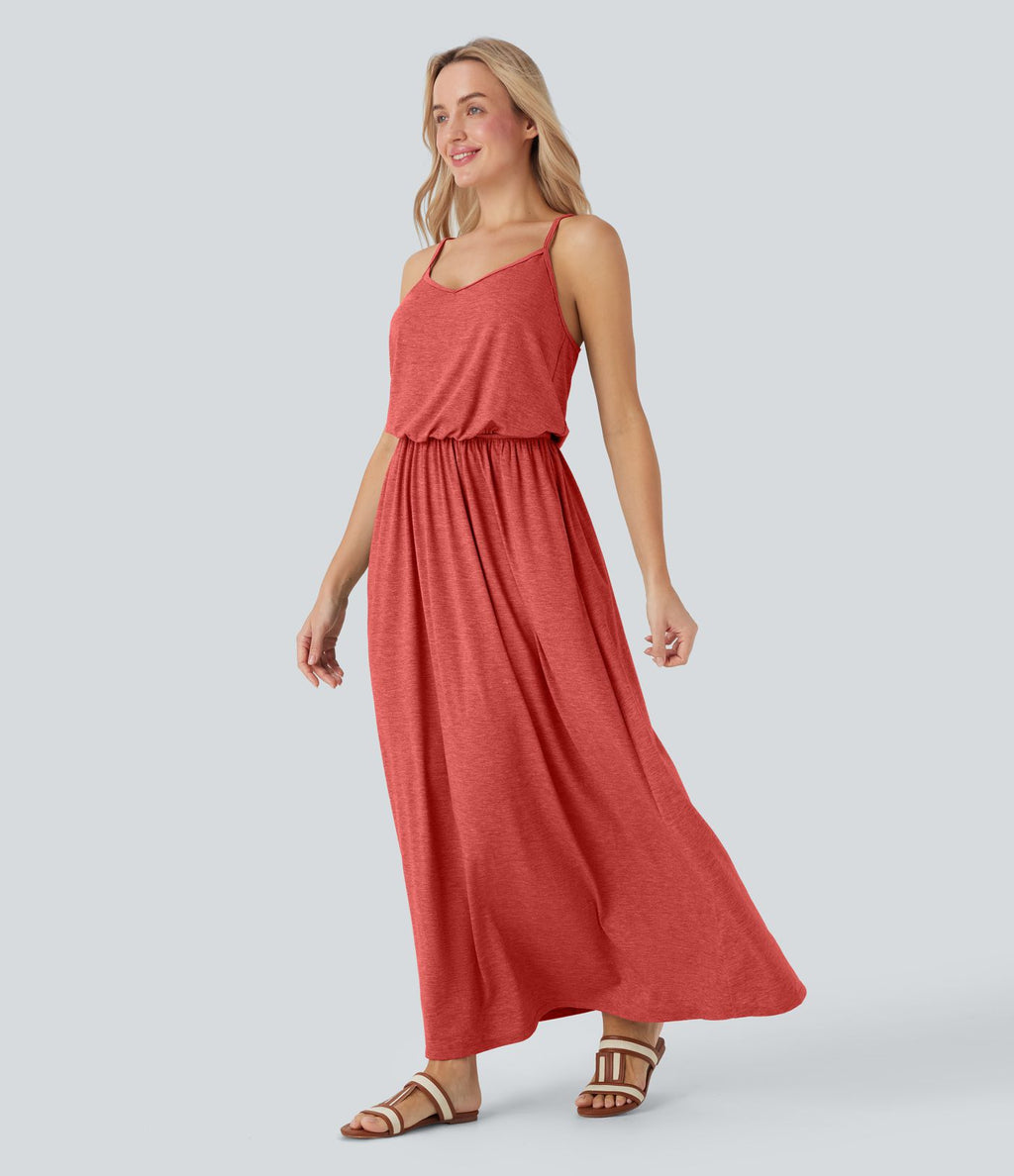 Robe longue fluide type nuisette à bretelles ajustables avec poches