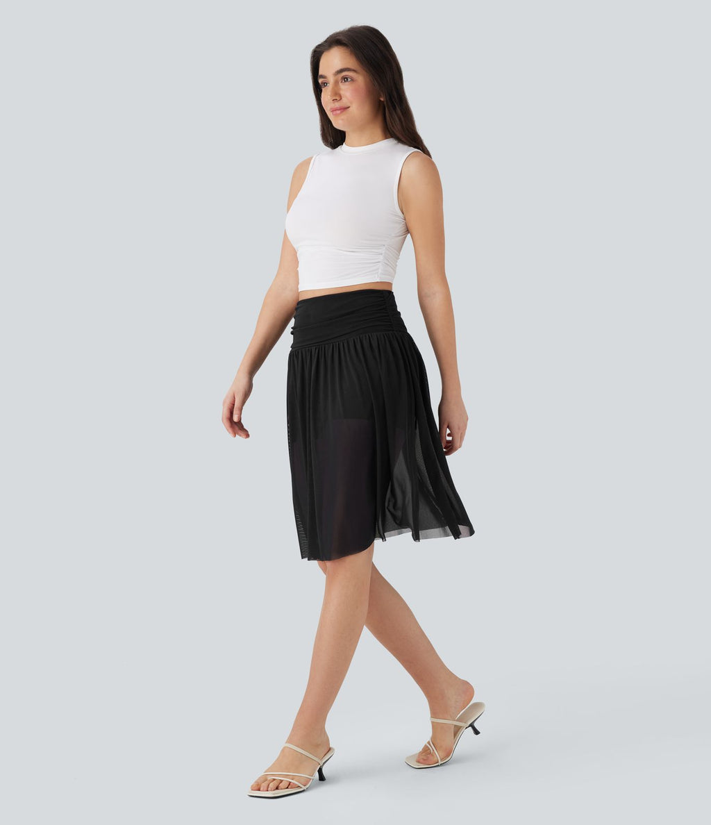 Jupe casual midi fluide 2-en-1 taille haute froncée maille contrastante avec poches latérales