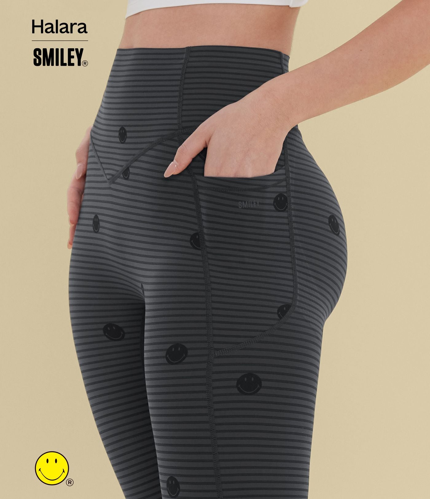 Legging de training Halara X Smiley® Halara UltraSculpt™ imprimé rayures taille haute push-up froncé ventre plat avec poches