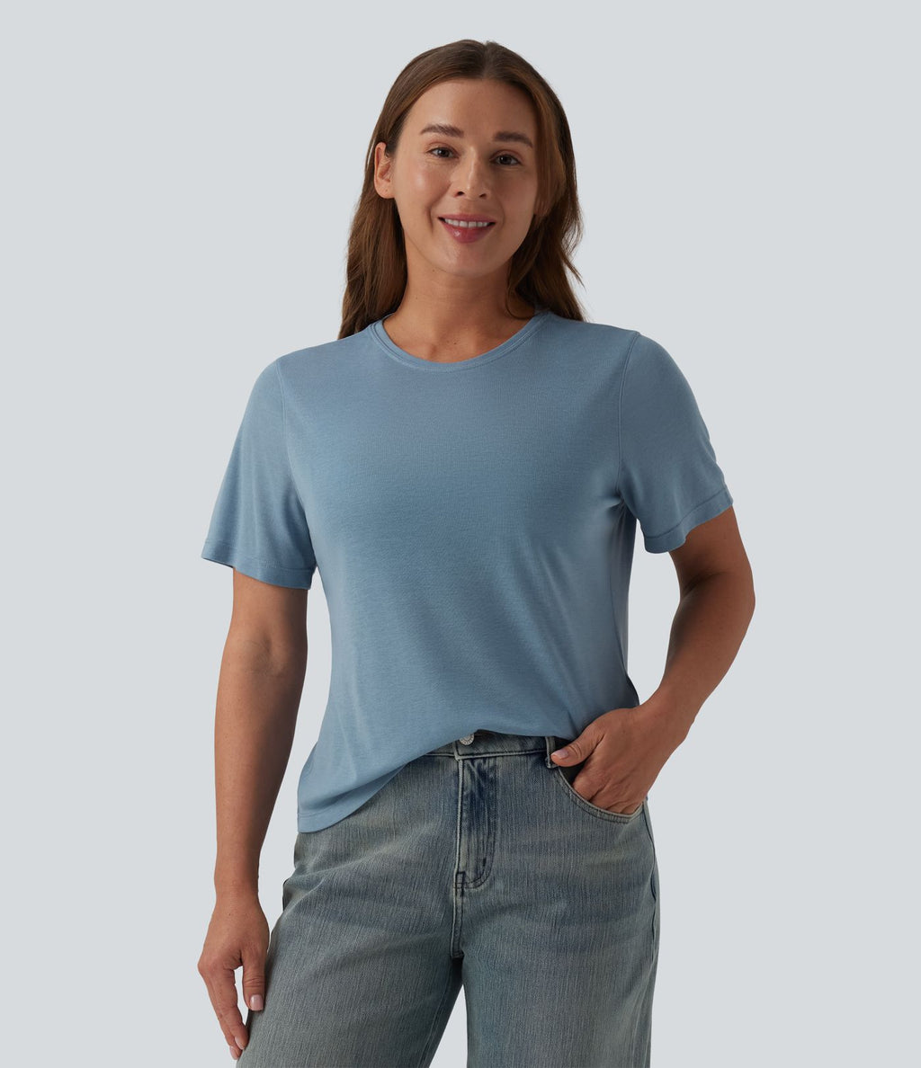 T-shirt décontracté ample à col rond et manches courtes en laine mélangée