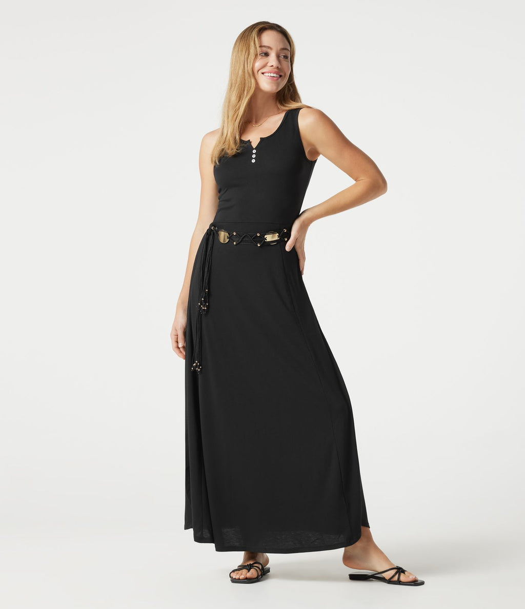 Robe longue fluide décontractée sans manches à col cranté et fente