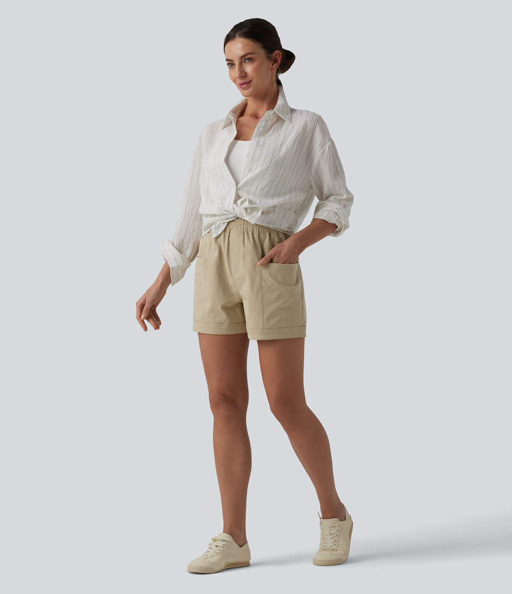 Short casual ample taille mi-haute en popeline extensible à cordon de serrage avec poches