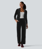 Pantalon évasé en velours taille basse color block à rayures avec poches