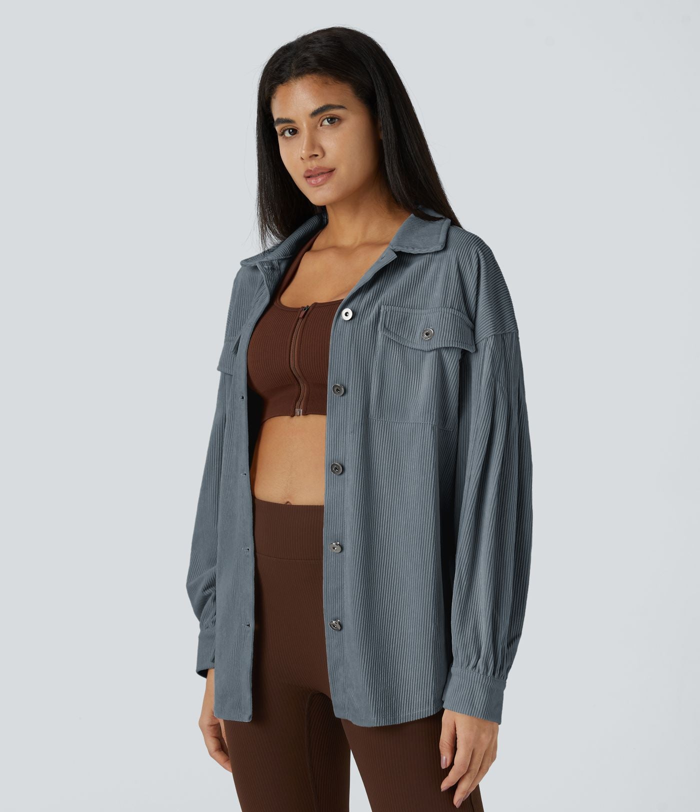 Veste Casual en Velours Côtelé à Col Boutonné Poches et Manches Longues Ourlet Courbé
