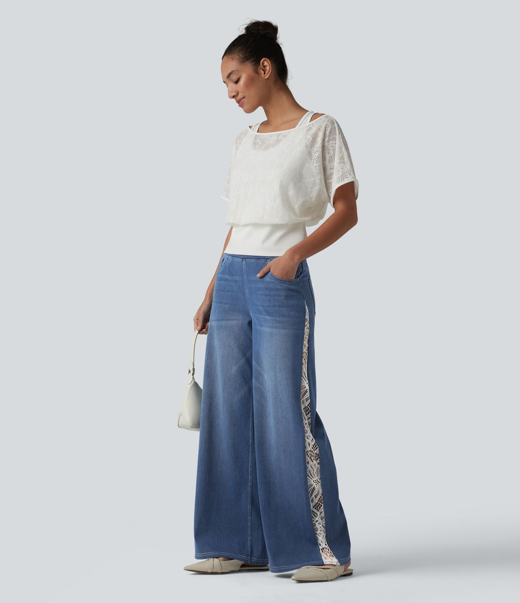 Jean large Halara Flex™ décontracté taille haute avec poches et dentelle contrastée