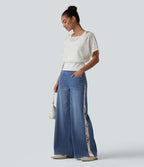 Jean large Halara Flex™ décontracté taille haute avec poches et dentelle contrastée