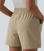 Short casual ample taille mi-haute en popeline extensible à cordon de serrage avec poches