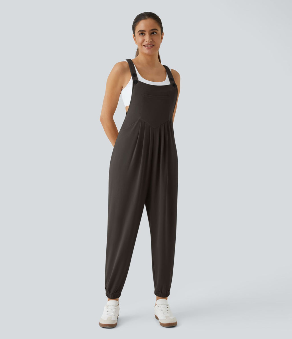 Salopette Casual Bretelles Ajustables Boutonnés Multiples Poches Plis et Tissu Gaufré