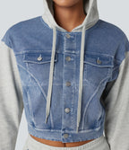 Veste en jean patchwork à capuche avec cordon de serrage et manches longues Halara Flex™