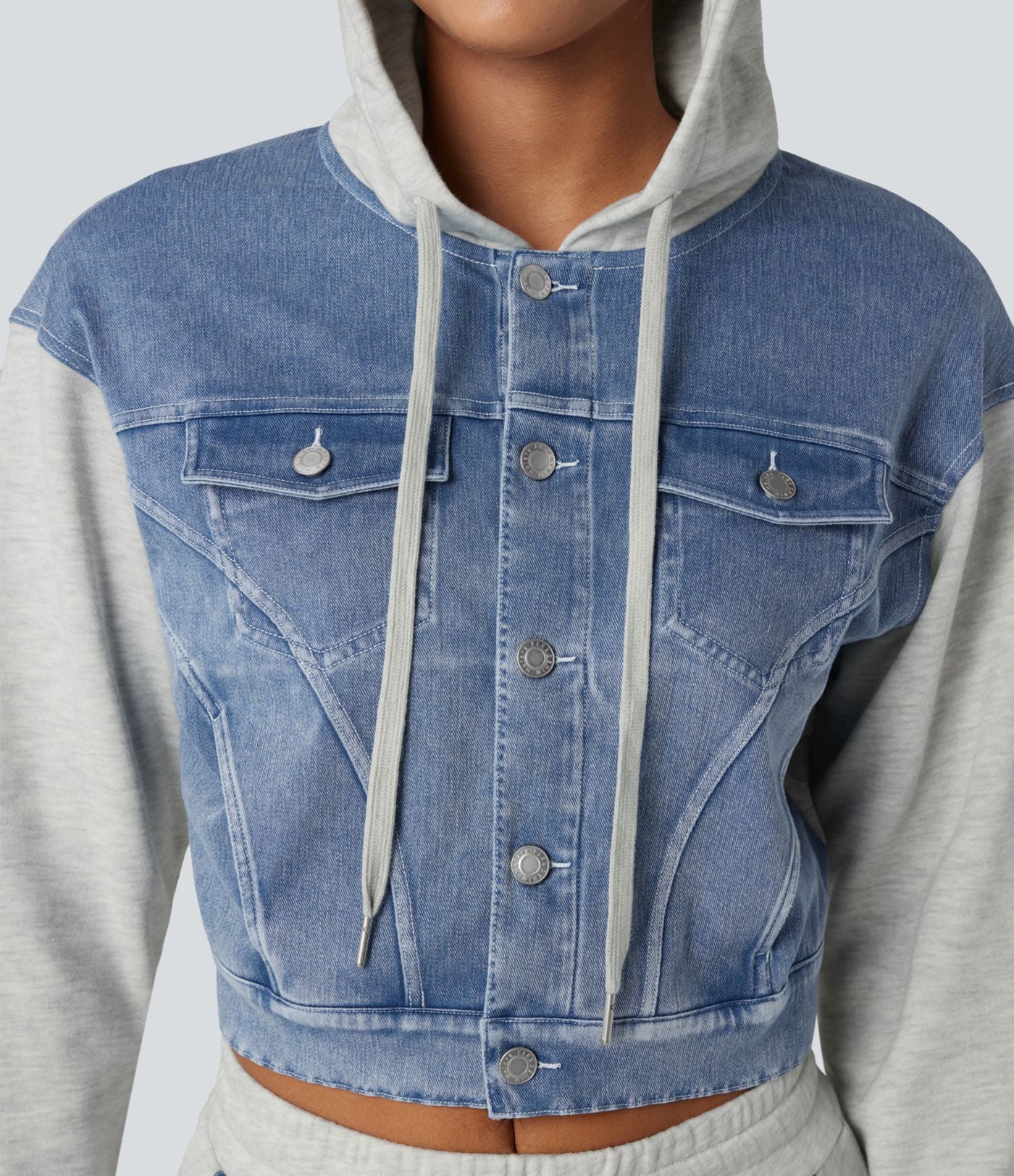 Veste en jean patchwork à capuche avec cordon de serrage et manches longues Halara Flex™