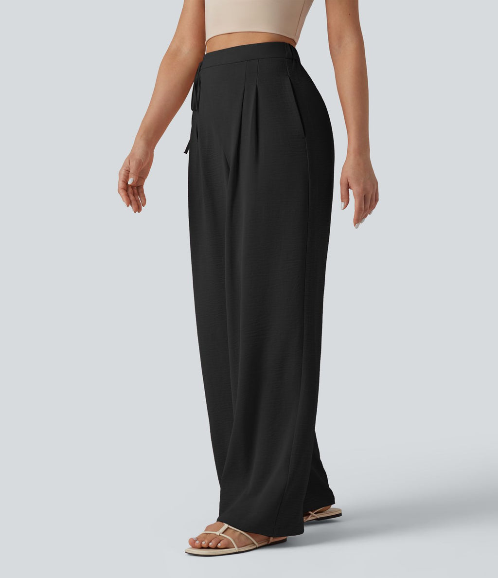 Pantalon détente  effet lin taille haute, cordon latéral avec poches