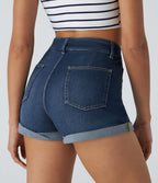 Halara Flex™ Short en Denim Tricot Extensible Lavé à Taille Haute avec Poches Multiples et Ourlet Replié