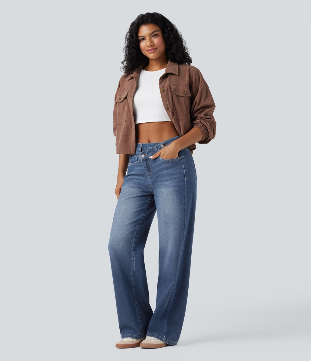 Jean baggy asymétrique Halara Flex™ taille haute effet délavé avec poches