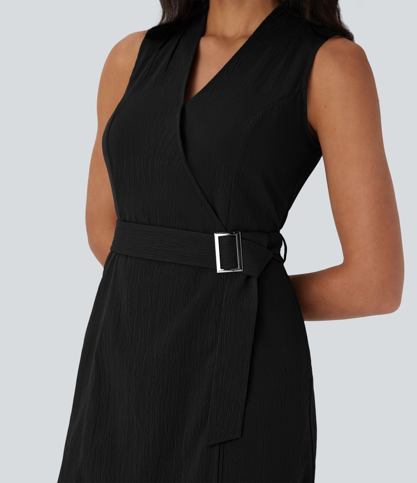 Robe de voyage mi-longue à col V, sans manches, portefeuille, ceinture et poches latérales