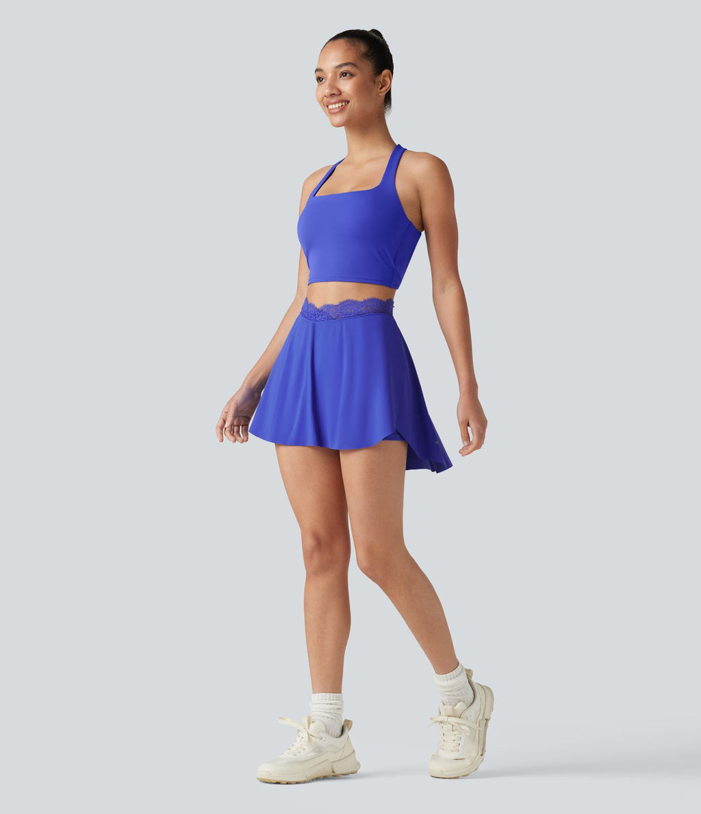 Jupe de tennis 2 en 1 SoftlyZero™ Airy, taille haute, dentelle contrastée, ourlet fendu incurvé et poches - Protection solaire UPF50+