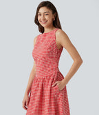 Robe midi décontractée à carreaux vichy, col bateau, sans manches, avec poches