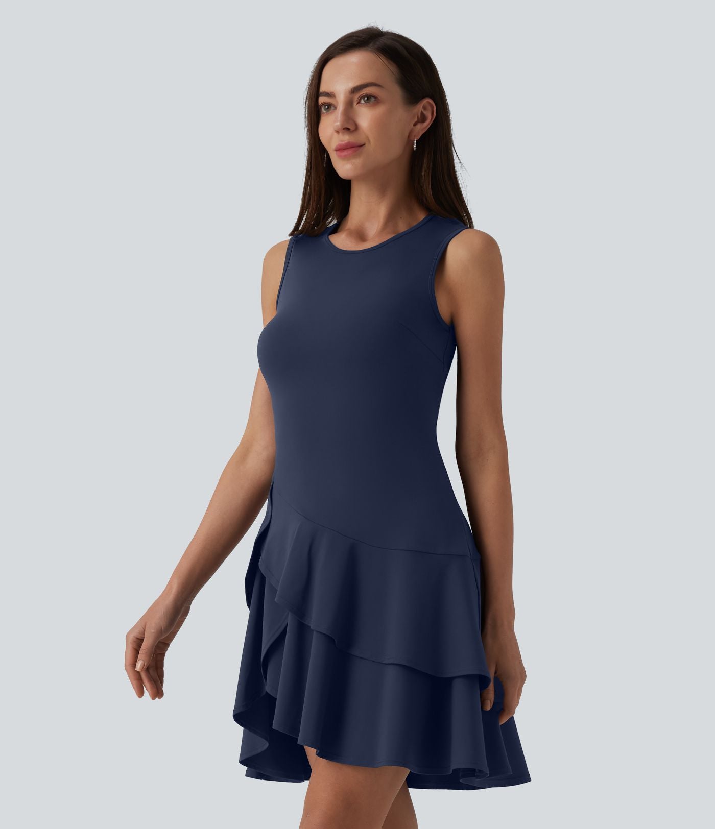 Robe mini décontractée SoftlyZero™ Airy col rond sans manches à volants superposés effet frais InstantCool