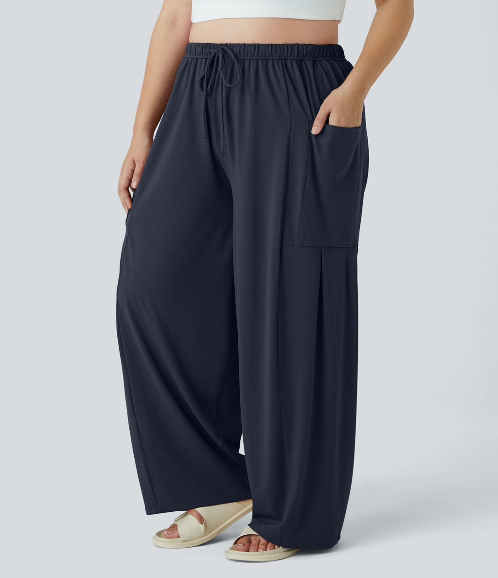 Pantalon Large Casual Taille Mi-Haute Taille Élastique Cordon Poches Latérales Ourlet Flottant Grande Taille
