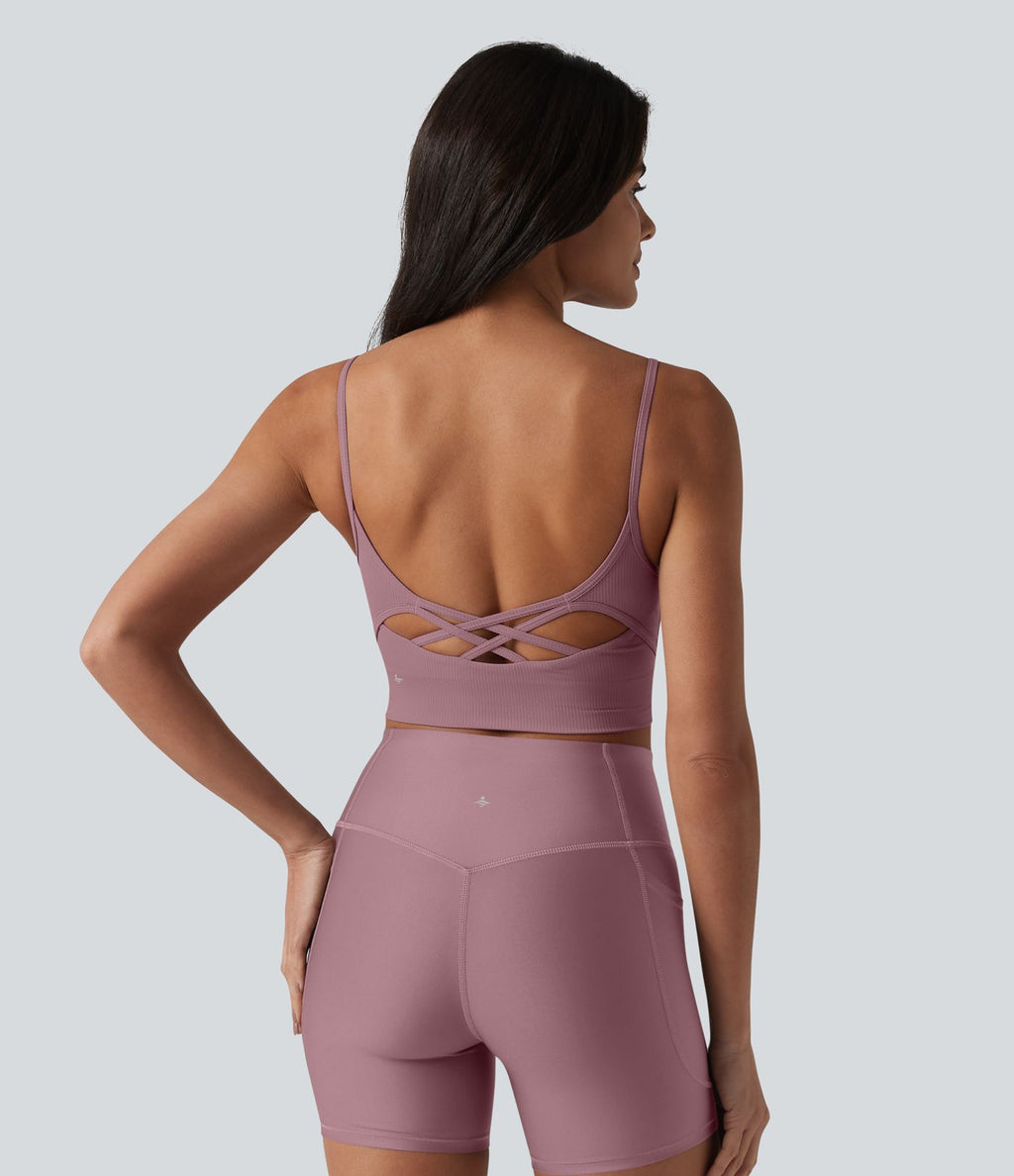 Brassière de sport de yoga en maille côtelée col U, maintien léger et soutien-gorge intégré