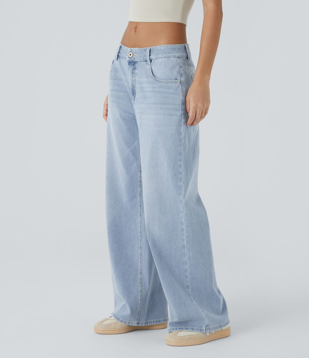 Halara Flex™ Jean Large Casual Taille Basse avec Boutons Zip Multiples Poches Lavés Élastiques et Tricotés