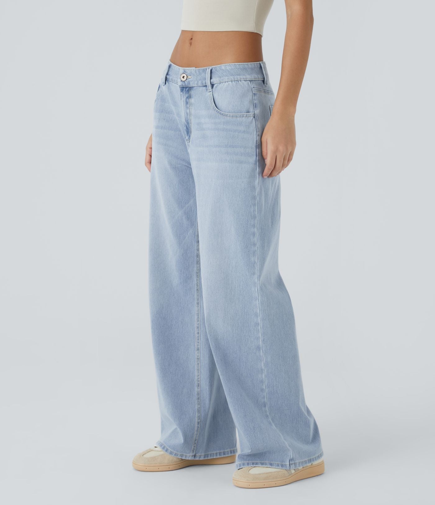Halara Flex™ Jean Large Casual Taille Basse avec Boutons Zip Multiples Poches Lavés Élastiques et Tricotés