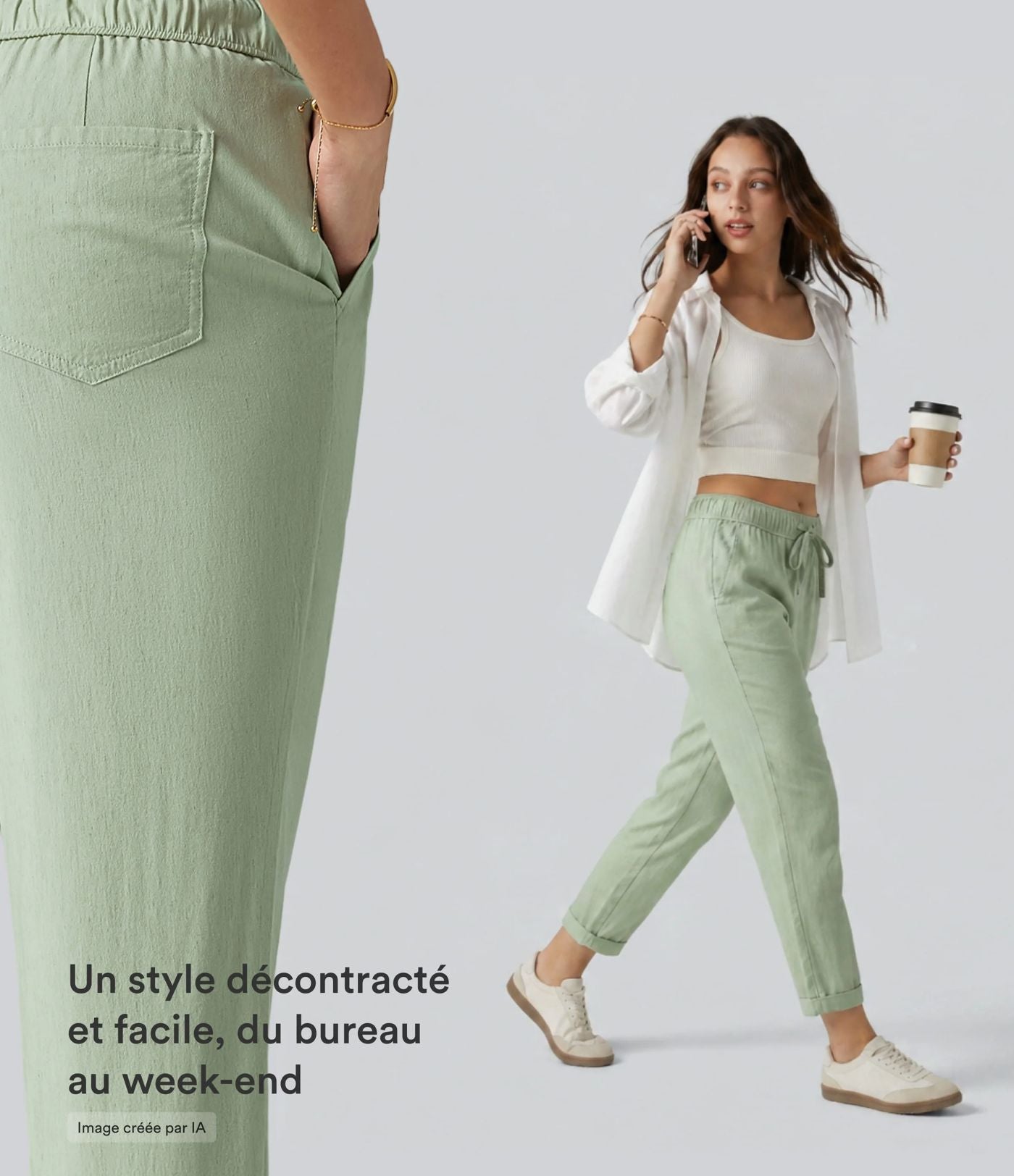 Pantalon ajusté décontracté taille mi-haute avec cordon de serrage, aspect lin extensible et poches