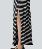 Robe longue décontractée à rayures, asymétrique, sans manches, en maille côtelée, avec poche