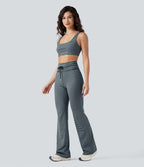 Pantalon de yoga évasé à rayures, taille haute, cordon et poches